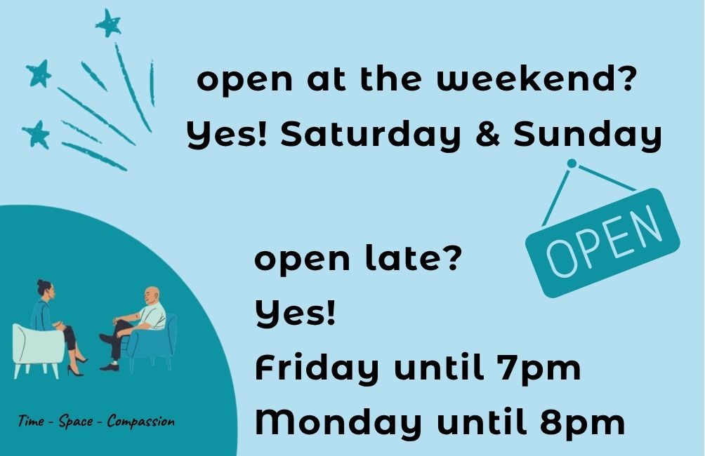 Infographic of two people sitting, a sign stating open. Text states: Open at the weekend? Yes! Saturday and Sunday. Open late? Yes! Friday until 7pm. Monday until 8pm.